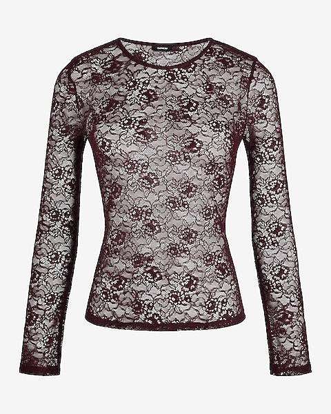 Fitted Lace Crew Neck Long Sleeve Tee | Express