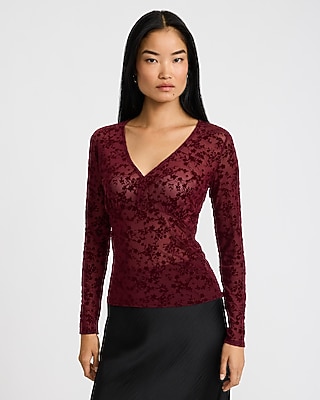 Textured Floral Burnout V-Neck Long Sleeve Top