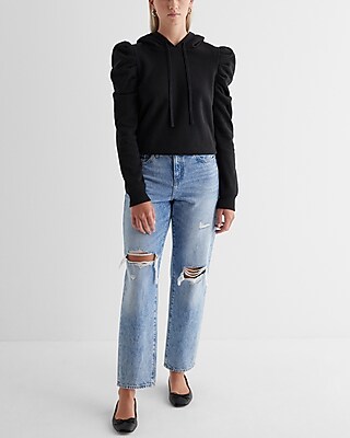 Skimming Puff Sleeve Fleece Hoodie