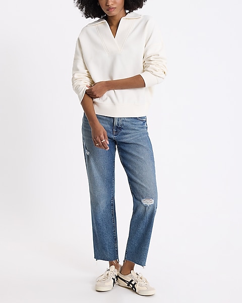 Relaxed V-neck Fleece Polo Sweatshirt | Express Relaxed V-neck Fleece Polo Sweatshirt | Express