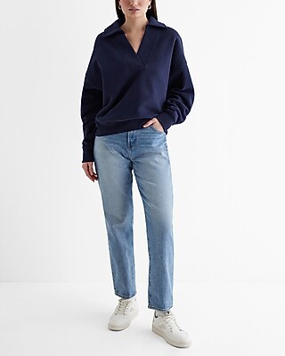 Relaxed V-Neck Fleece Polo Sweatshirt