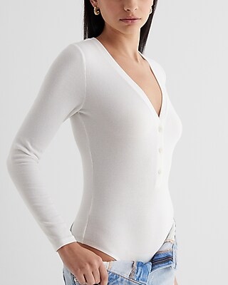 Fitted Ribbed V-Neck Henley Bodysuit - image 3