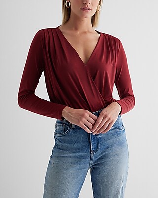 V-Neck Long Sleeve Faux Wrap Bodysuit