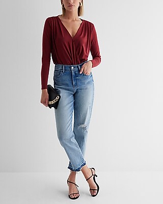 V-Neck Long Sleeve Faux Wrap Bodysuit