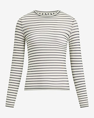 Sheer Mesh Striped Crew Neck Long Sleeve Tee