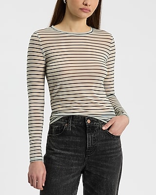 Sheer Mesh Striped Crew Neck Long Sleeve Tee