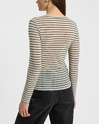 Sheer Mesh Striped Crew Neck Long Sleeve Tee