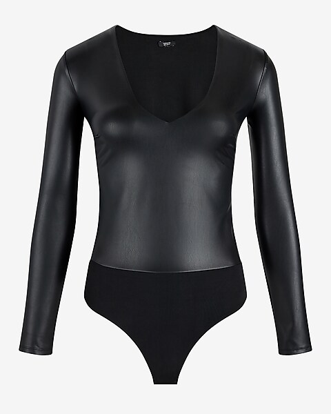 Black Sheer Long Sleeves Faux Leather Bodysuit - S / Black