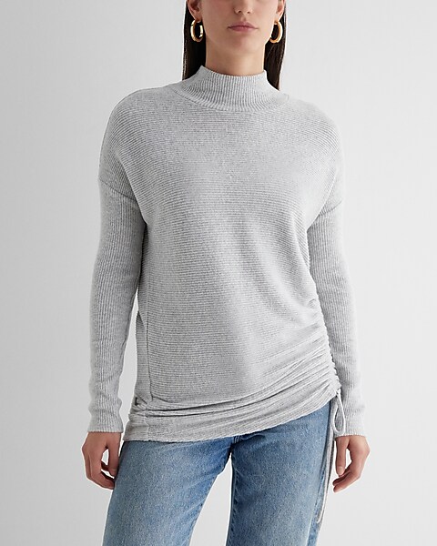 Ribbed Cozy Knit Mock Neck Cinched Side Top
