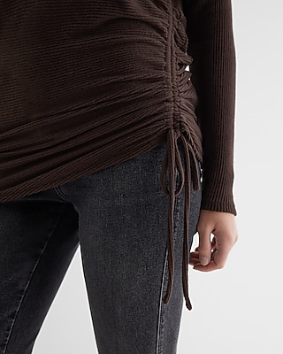 Ribbed Cozy Knit Mock Neck Cinched Side Top