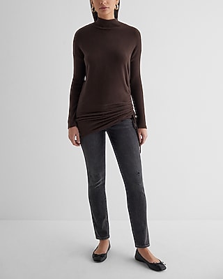 Ribbed Cozy Knit Mock Neck Cinched Side Top