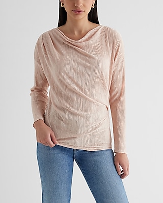 Skimming Textured Draped Cowl Neck Ruched Side Top