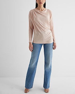 Skimming Textured Draped Cowl Neck Ruched Side Top