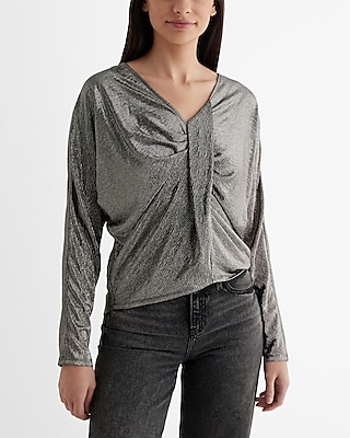 Skimming Textured Foil V-Neck Twist Front Draped Top