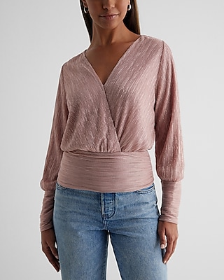 Metallic V-Neck Long Sleeve Surplice Top