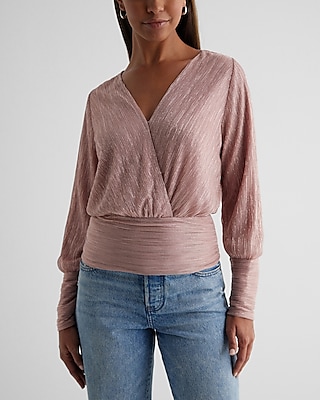 Metallic V-Neck Long Sleeve Surplice Top Neutral Women's XS