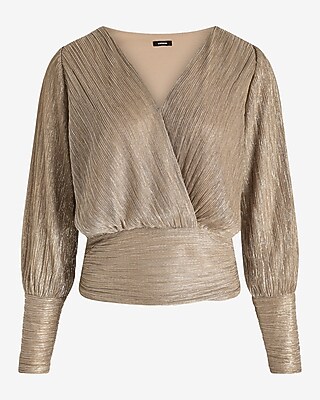 Metallic V-neck Long Sleeve Surplice Top | Express
