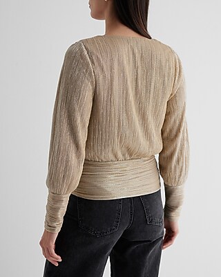 Metallic V-neck Long Sleeve Surplice Top | Express