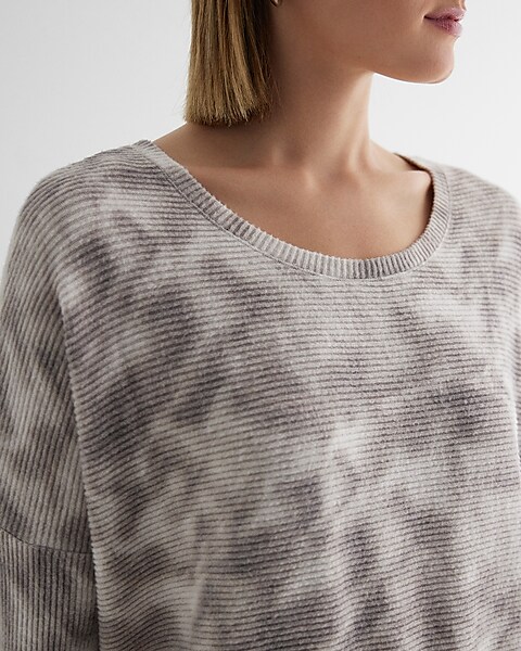 Printed Ribbed Cozy Knit Crew Neck Cinched Hem Top
