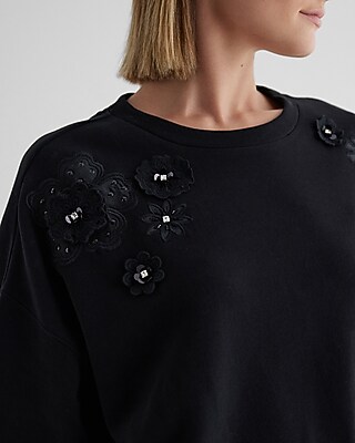 Floral Embellished Crew Neck Fleece Sweatshirt - image 2