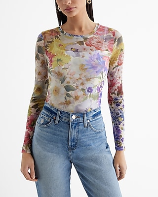 Fitted Mesh Floral Crew Neck Long Sleeve Bodysuit