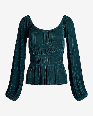 Skimming Scoop Neck Balloon Sleeve Pleated Top