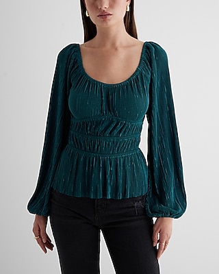 Skimming Scoop Neck Balloon Sleeve Pleated Top