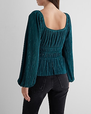 Skimming Scoop Neck Balloon Sleeve Pleated Top