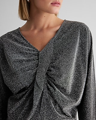 Metallic V-neck Long Sleeve Twist Front Draped Top | Express
