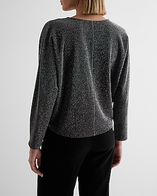 Metallic V-neck Long Sleeve Twist Front Draped Top | Express