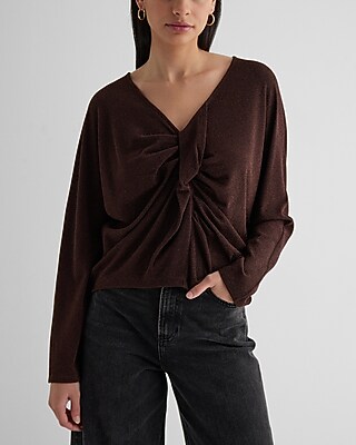 Metallic V-Neck Long Sleeve Twist Front Draped Top