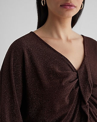 Metallic V-Neck Long Sleeve Twist Front Draped Top