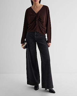 Metallic V-Neck Long Sleeve Twist Front Draped Top