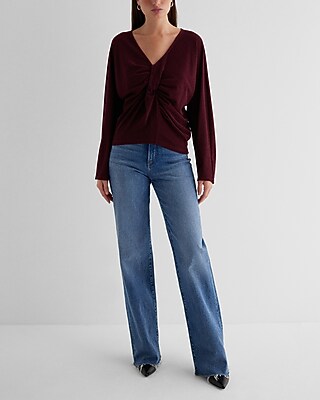 Metallic V-neck Long Sleeve Twist Front Draped Top | Express