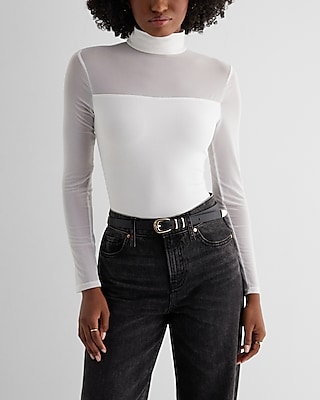 Fitted Mesh Pieced Mock Neck Long Sleeve Bodysuit | Express