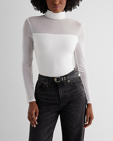Fitted Mesh Pieced Mock Neck Long Sleeve Bodysuit