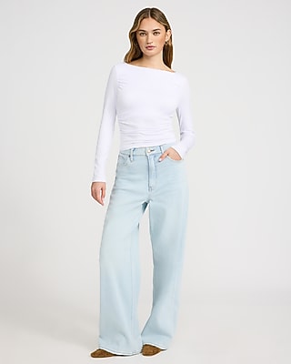 Boat Neck Long Sleeve Ruched Tee - image 3