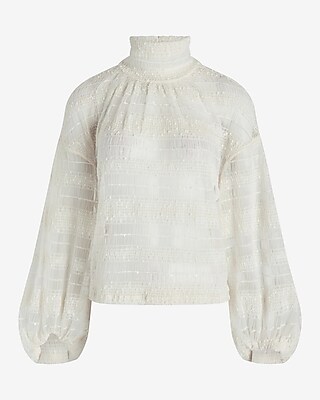 Skimming Mesh Pleated Mock Neck Balloon Sleeve Top - image 5