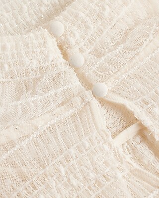Skimming Mesh Pleated Mock Neck Balloon Sleeve Top