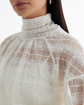 Skimming Mesh Pleated Mock Neck Balloon Sleeve Top - image 2