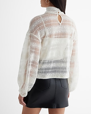 Skimming Mesh Pleated Mock Neck Balloon Sleeve Top - image 3