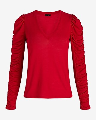 Skimming Lightweight V-Neck Ruched Long Sleeve Tee