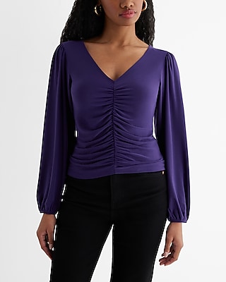 Skimming V-Neck Balloon Sleeve Ruched Front Top Black Women's XS