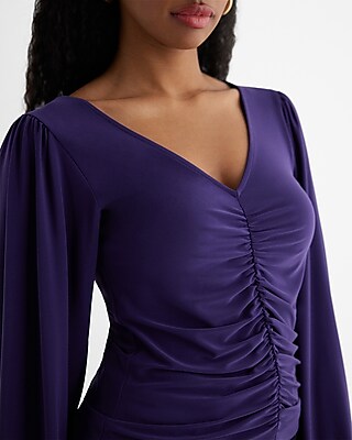 Skimming V-Neck Balloon Sleeve Ruched Front Top