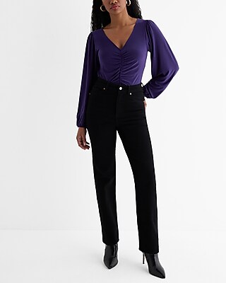 Skimming V-Neck Balloon Sleeve Ruched Front Top