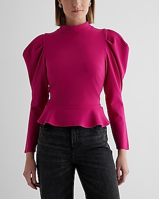 Mock Neck Puff Sleeve Peplum Top