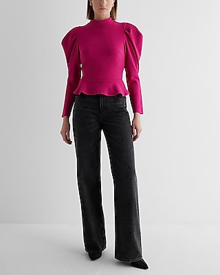 Mock Neck Puff Sleeve Peplum Top