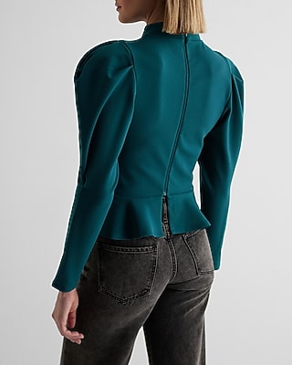 Mock Neck Puff Sleeve Peplum Top - image 3