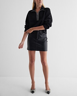 Rhinestone Trim Quarter Zip Boxy Fleece Sweatshirt