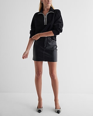 Rhinestone Trim Quarter Zip Boxy Fleece Sweatshirt